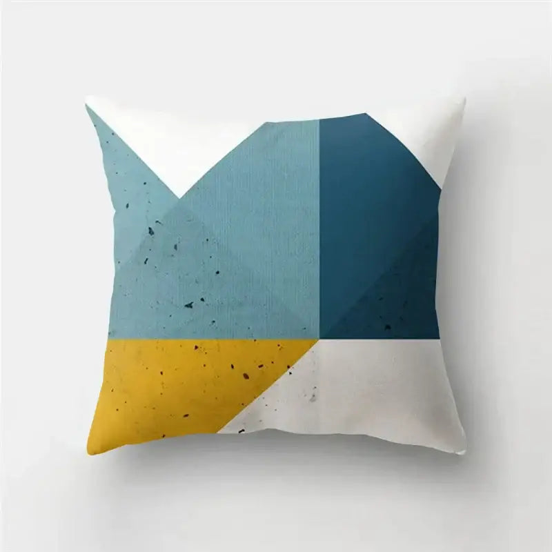 Square throw pillow case featuring a modern geometric stripe patchwork design in blue mustard and white for living room decor