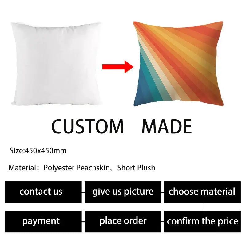 Custom-made square pillow case with vibrant geometric stripe patchwork in orange, yellow, red, and blue tones for living room decor