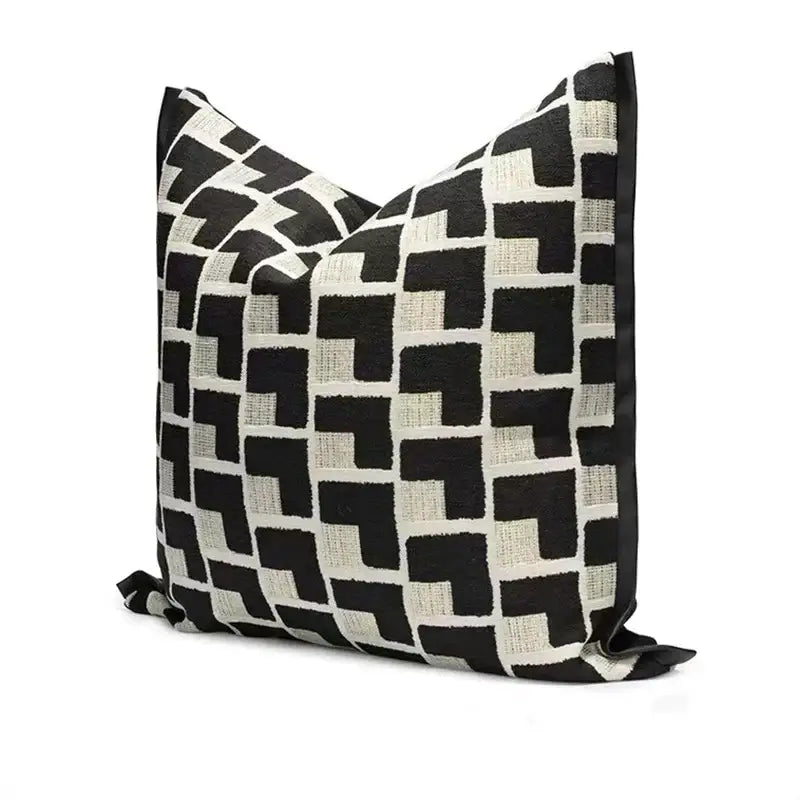 Black and cream geometric texture black cushion cover with sleek satin trim for modern living room decorbites style