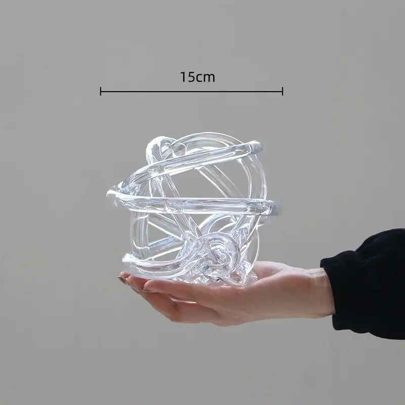Modern geometric transparent glass coil wound ball sculpture 15cm with intricate interwoven loops for living room decor