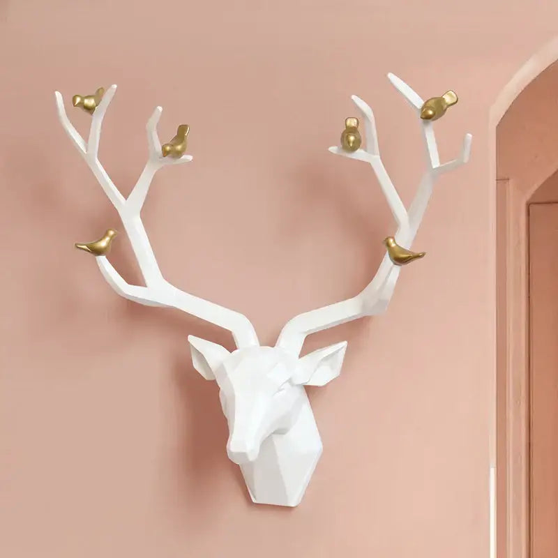 Modern geometric white and gold deer head wall decor with gold bird accents for living room by decorbites deer head