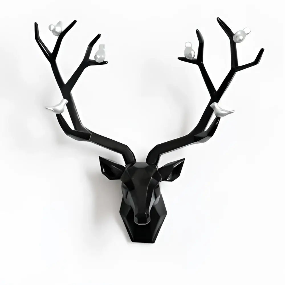 Modern geometric black deer head wall decor with silver birds perched on antlers for living room decorbites deer head wall
