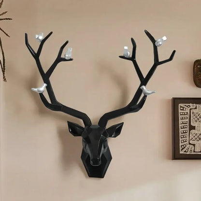 Modern geometric black deer head wall decor with silver birds perched on antlers for living room decorbites deer head wall