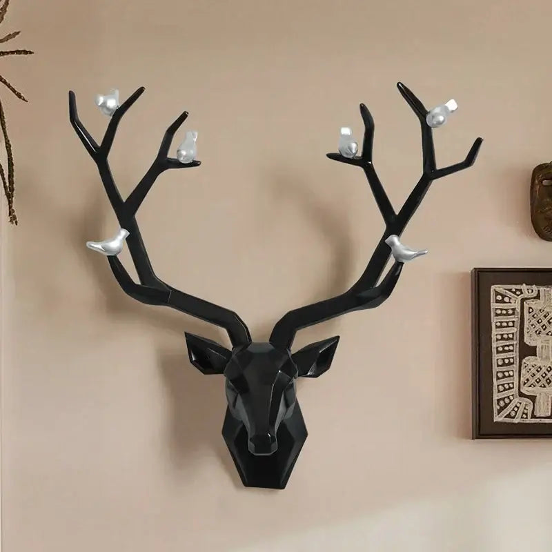 Modern geometric black deer head wall decor with silver birds perched on antlers for living room decorbites deer head wall