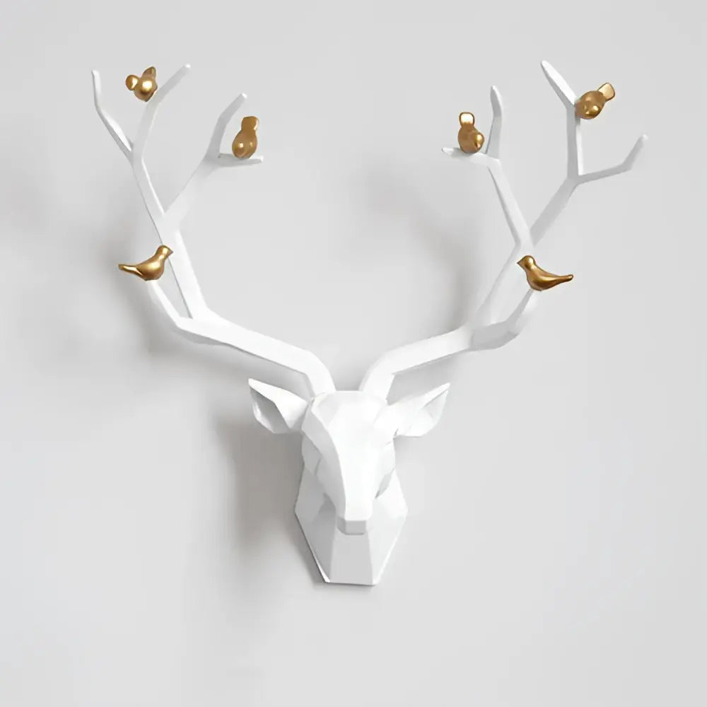 Modern geometric white resin deer head wall decor with gold bird accents for living room by decorbites deer head wall