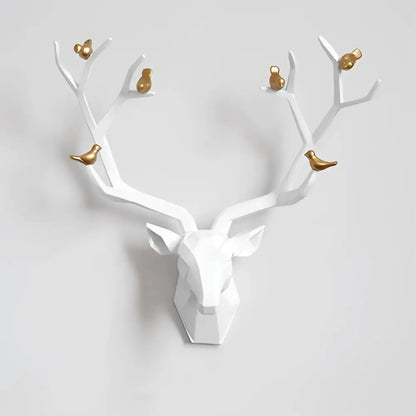 Modern geometric white resin deer head wall decor with gold bird accents for living room by decorbites deer head wall