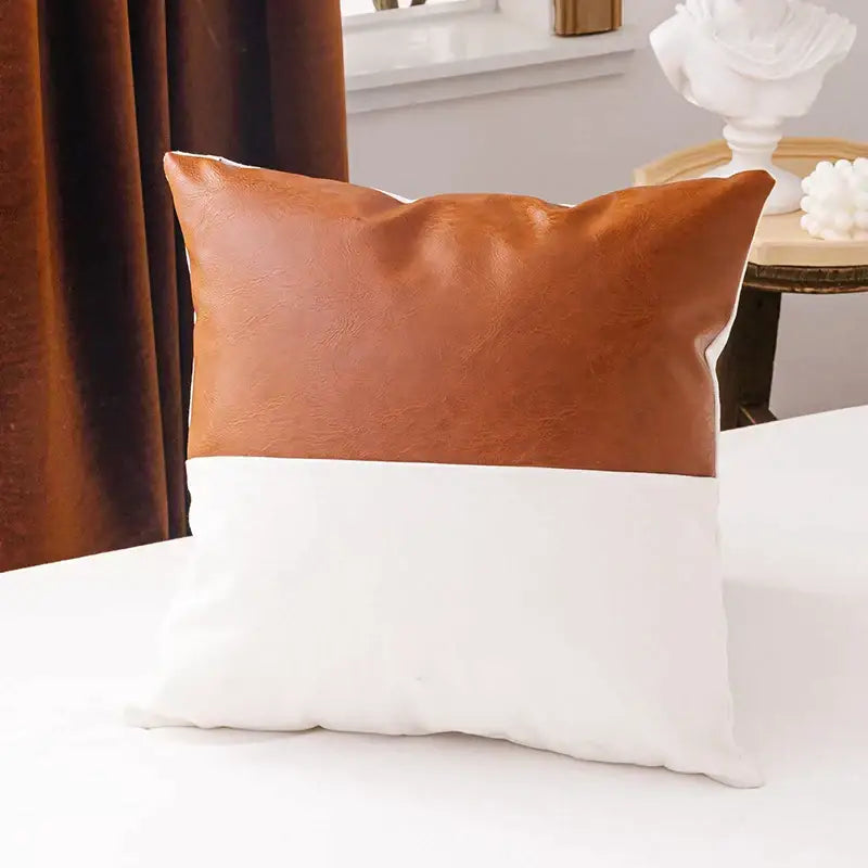 Brown and white two-tone cushion cover with faux leather top and soft fabric bottom for modern living room decorbites brown faux