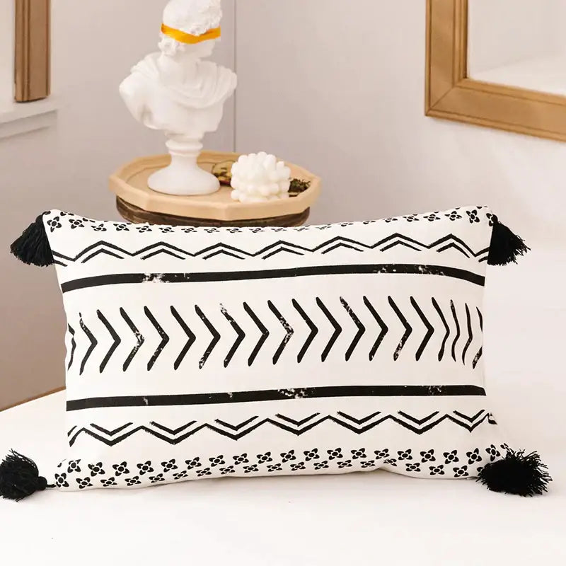 Modern geometric white and black cushion cover with tassels in faux leather for living room decorbites brown faux style