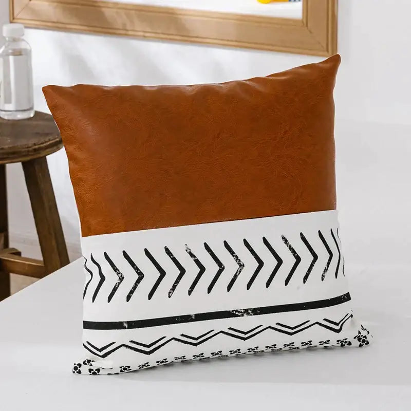 Brown faux leather throw pillow with white band and black geometric patterns modern geometric cushion cover decorbites brown faux