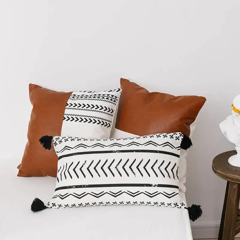 Modern geometric white and black cushion cover with faux leather tassels for living room decorbites brown faux style