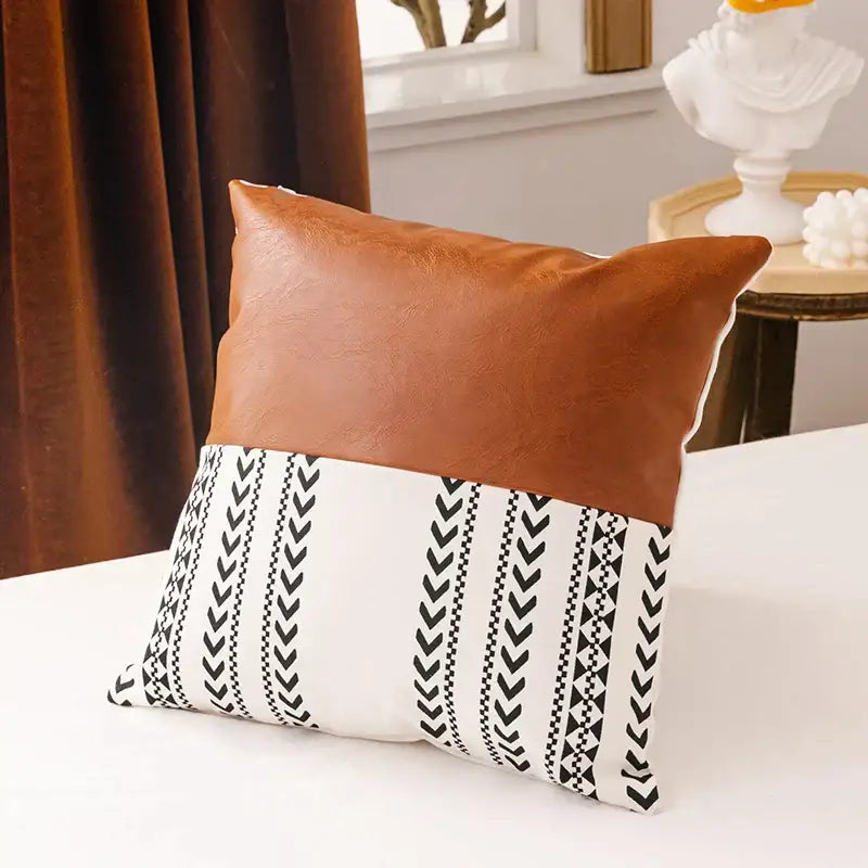 Brown and white patterned cushion cover with faux leather top and tassels for modern living room decorbites brown faux style