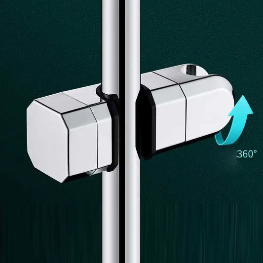Modern geometric white and black 360-degree rotating shower door hinge with sleek design and slide rail holder bracket