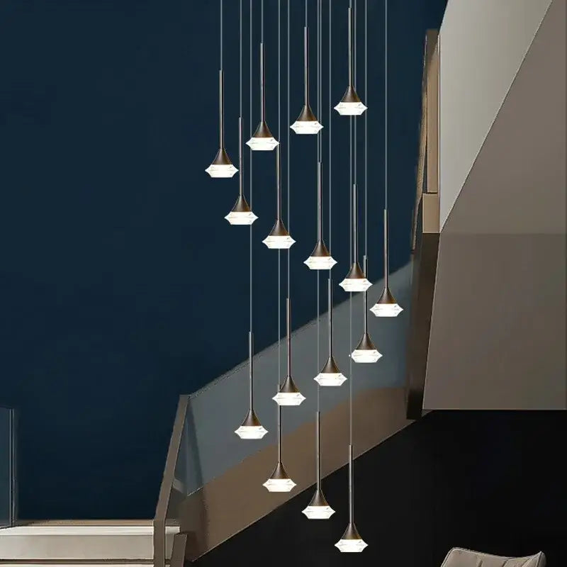 Modern geometric white glass pendant lights with metallic finish in an elegant cascading decorbites deluxe villa chandelier