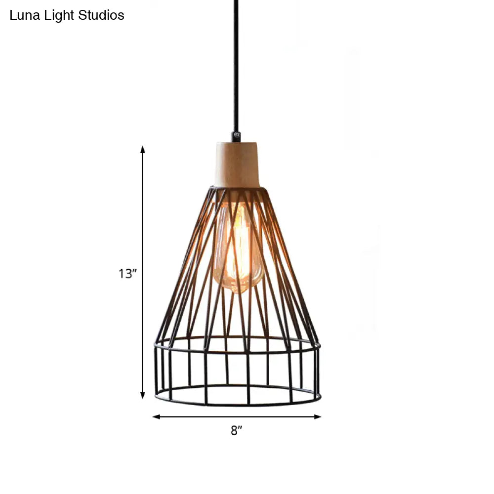 Modern Geometric Wire Cage Iron Pendant Lamp with Wooden Top - 12"/13" H, 1-Light, Black - Bedroom Lighting Fixture