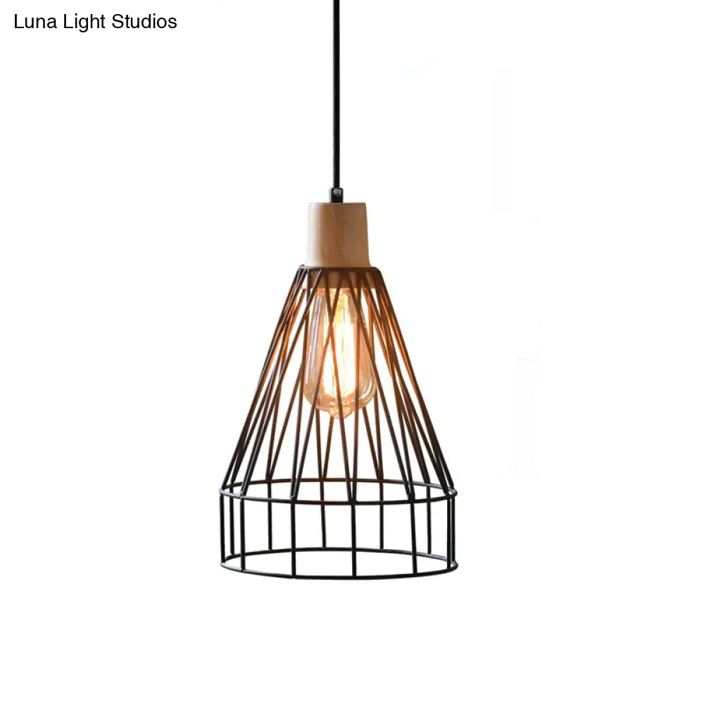 Modern Geometric Wire Cage Iron Pendant Lamp with Wooden Top - 12"/13" H, 1-Light, Black - Bedroom Lighting Fixture