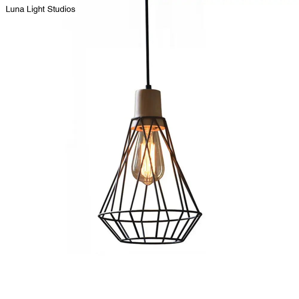 Modern Geometric Wire Cage Iron Pendant Lamp with Wooden Top - 12"/13" H, 1-Light, Black - Bedroom Lighting Fixture