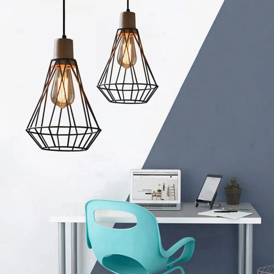 Modern Geometric Wire Cage Iron Pendant Lamp with Wooden Top - 12"/13" H, 1-Light, Black - Bedroom Lighting Fixture