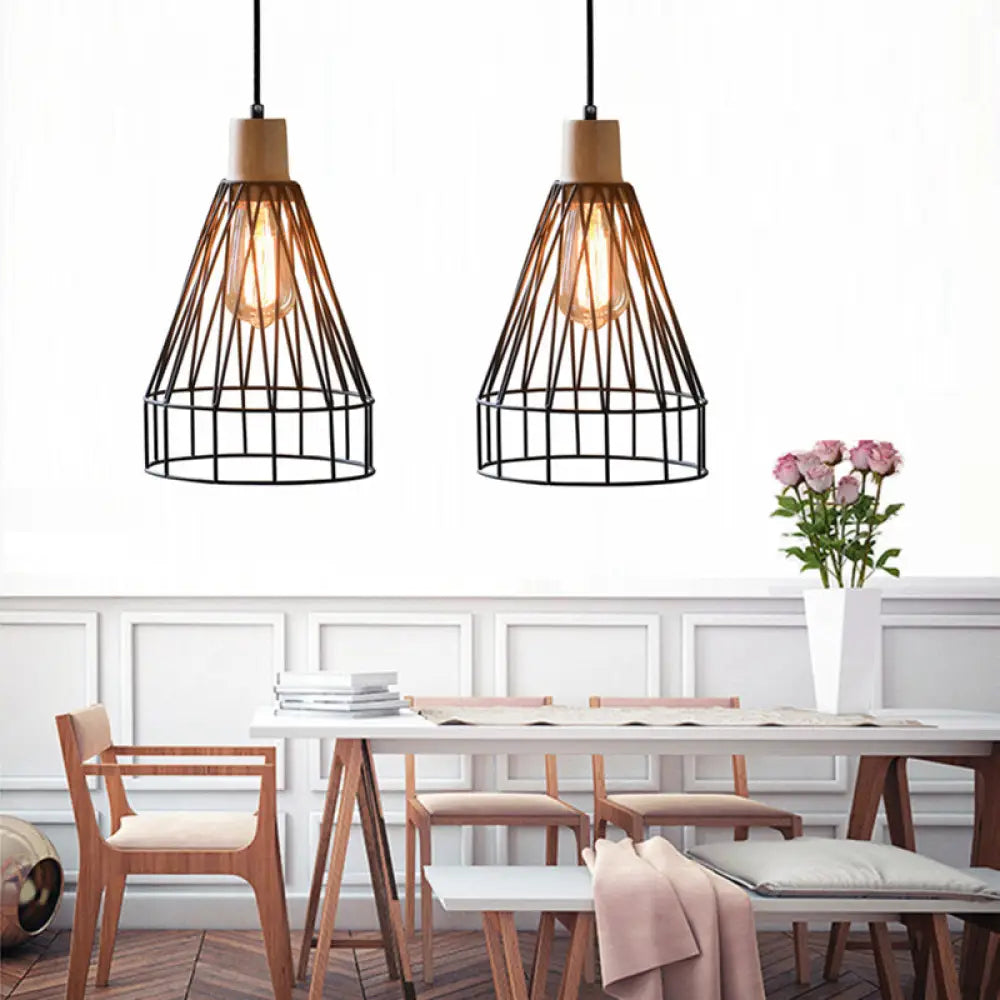 Modern Geometric Wire Cage Iron Pendant Lamp with Wooden Top - 12"/13" H, 1-Light, Black - Bedroom Lighting Fixture