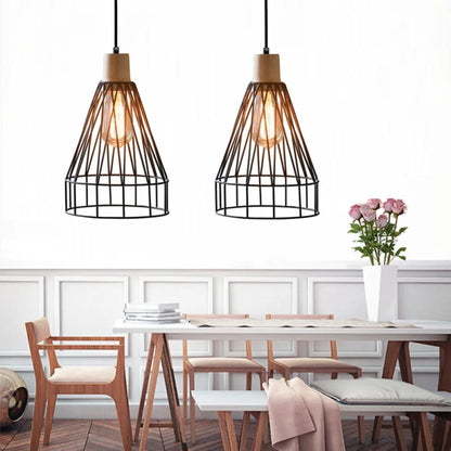 Modern Geometric Wire Cage Iron Pendant Lamp with Wooden Top - 12"/13" H, 1-Light, Black - Bedroom Lighting Fixture