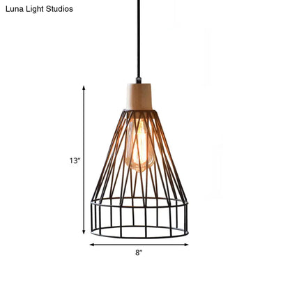 Modern Geometric Wire Cage Iron Pendant Lamp with Wooden Top - 12"/13" H, 1-Light, Black - Bedroom Lighting Fixture