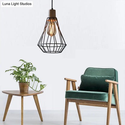 Modern Geometric Wire Cage Iron Pendant Lamp with Wooden Top - 12"/13" H, 1-Light, Black - Bedroom Lighting Fixture