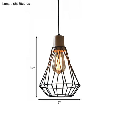 Modern Geometric Wire Cage Iron Pendant Lamp with Wooden Top - 12"/13" H, 1-Light, Black - Bedroom Lighting Fixture