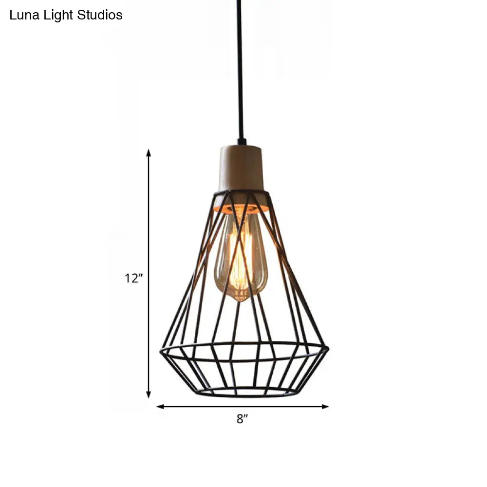 Modern Geometric Wire Cage Iron Pendant Lamp with Wooden Top - 12"/13" H, 1-Light, Black - Bedroom Lighting Fixture