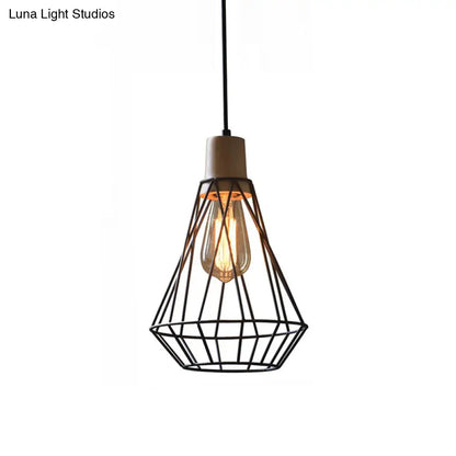 Modern Geometric Wire Cage Iron Pendant Lamp with Wooden Top - 12"/13" H, 1-Light, Black - Bedroom Lighting Fixture