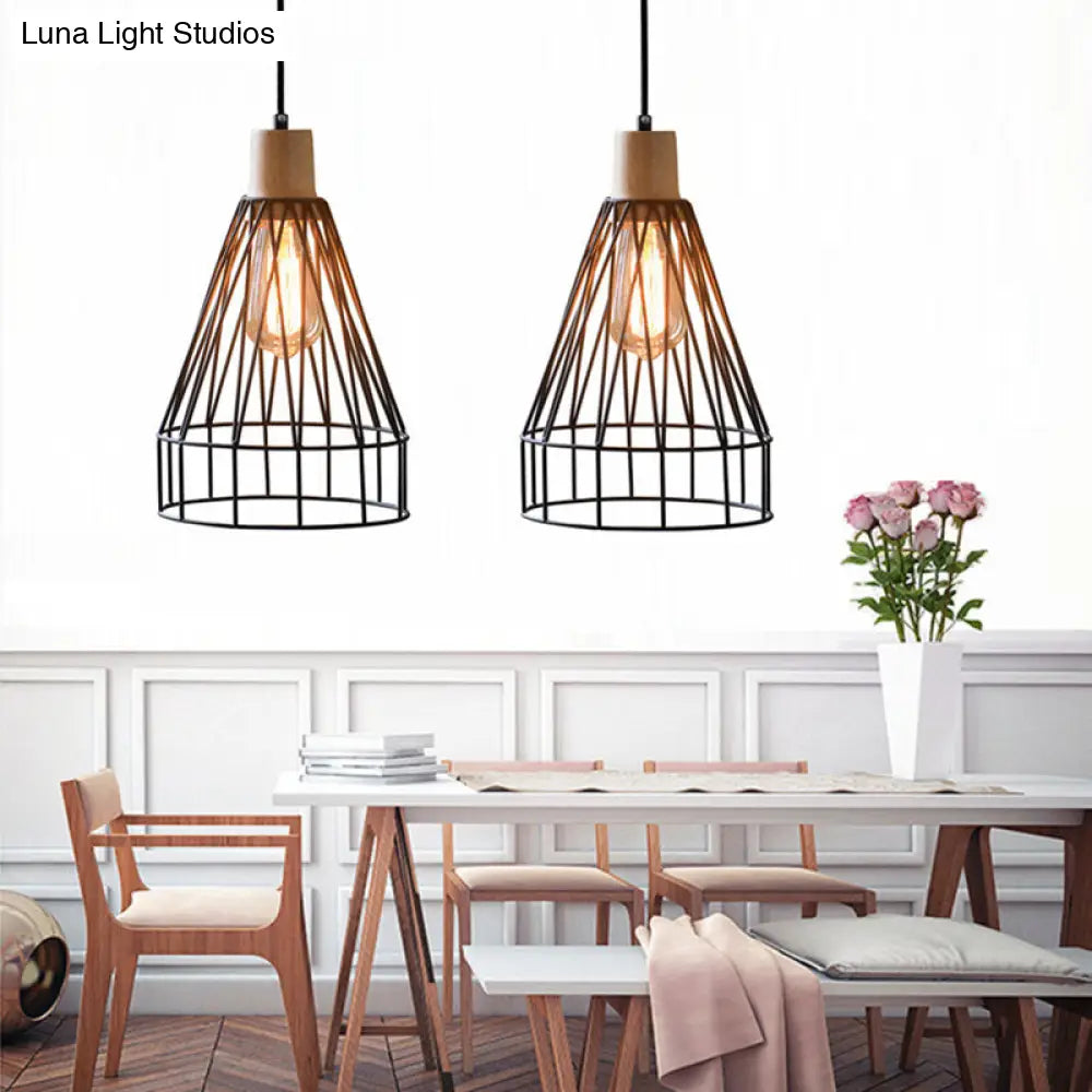 Modern Geometric Wire Cage Iron Pendant Lamp with Wooden Top - 12"/13" H, 1-Light, Black - Bedroom Lighting Fixture