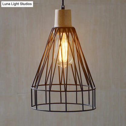 Modern Geometric Wire Cage Iron Pendant Lamp with Wooden Top - 12"/13" H, 1-Light, Black - Bedroom Lighting Fixture