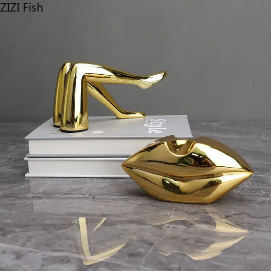 Shiny gold ceramic decorbites gilded lips and leg resin figurines sculpture for modern living room decor