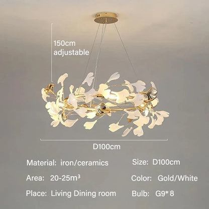 Modern Ginkgo Leaf LED Chandelier Dining Room Lighting - D100cm / ceramics / warm light 3000k - Chandelier