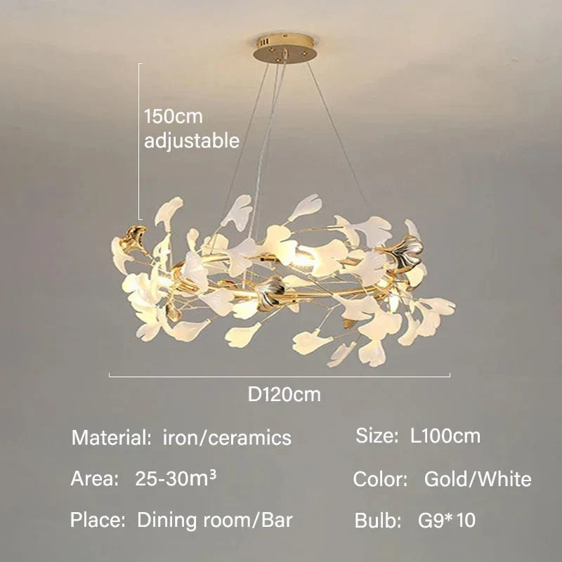 Modern Ginkgo Leaf LED Chandelier Dining Room Lighting - D120cm / ceramics / warm light 3000k - Chandelier