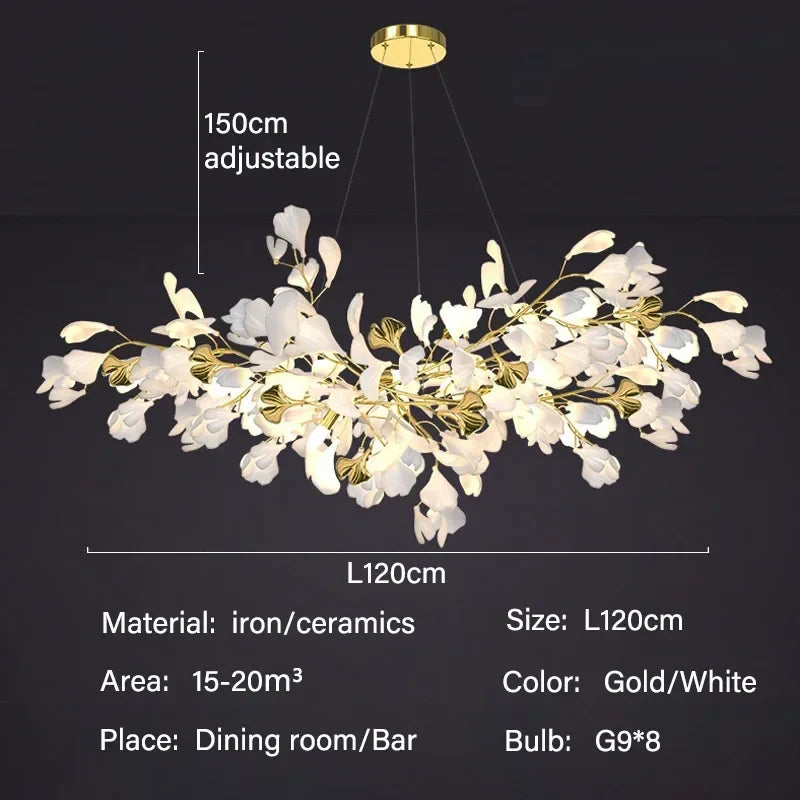 Modern Ginkgo Leaf LED Chandelier Dining Room Lighting - L120cm / ceramics / warm light 3000k - Chandelier