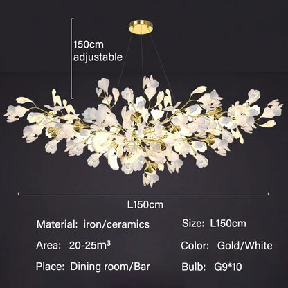 Modern Ginkgo Leaf LED Chandelier Dining Room Lighting - L150cm / ceramics / warm light 3000k - Chandelier