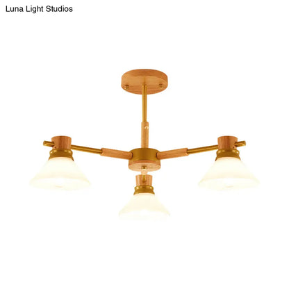 Modern Glass and Wood Hanging Pendant Chandelier - Black/Gold Branch Cone Shade for Sitting Room