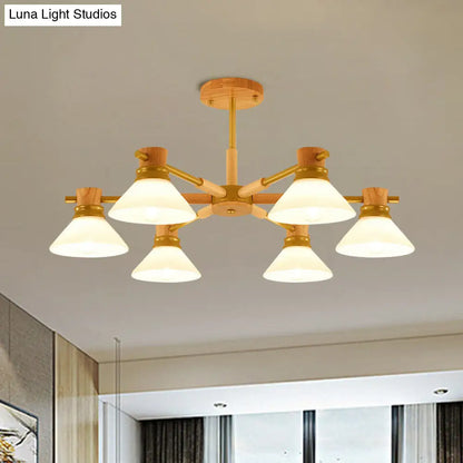 Modern Glass and Wood Hanging Pendant Chandelier - Black/Gold Branch Cone Shade for Sitting Room