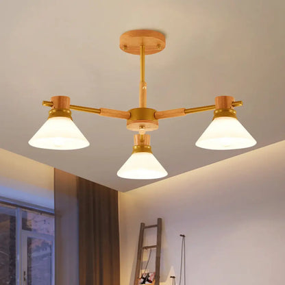 Modern Glass and Wood Hanging Pendant Chandelier - Black/Gold Branch Cone Shade for Sitting Room