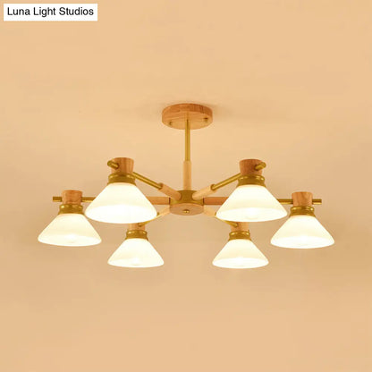 Modern Glass and Wood Hanging Pendant Chandelier - Black/Gold Branch Cone Shade for Sitting Room