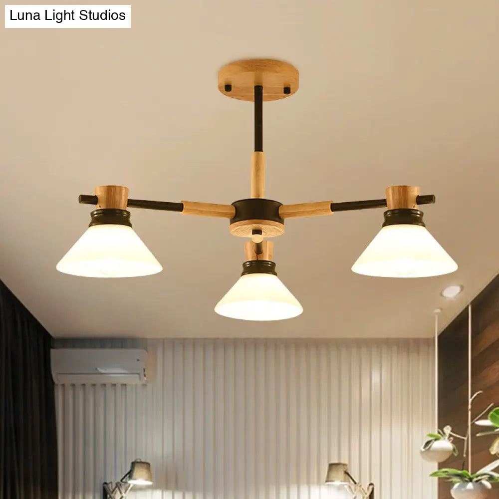 Modern Glass and Wood Hanging Pendant Chandelier - Black/Gold Branch Cone Shade for Sitting Room