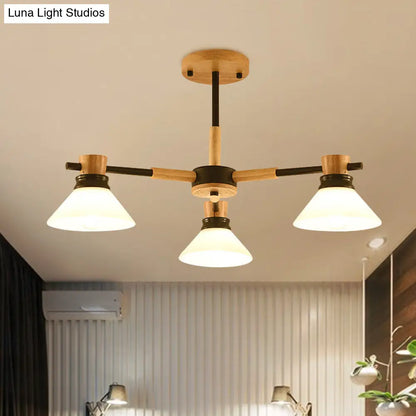 Modern Glass and Wood Hanging Pendant Chandelier - Black/Gold Branch Cone Shade for Sitting Room