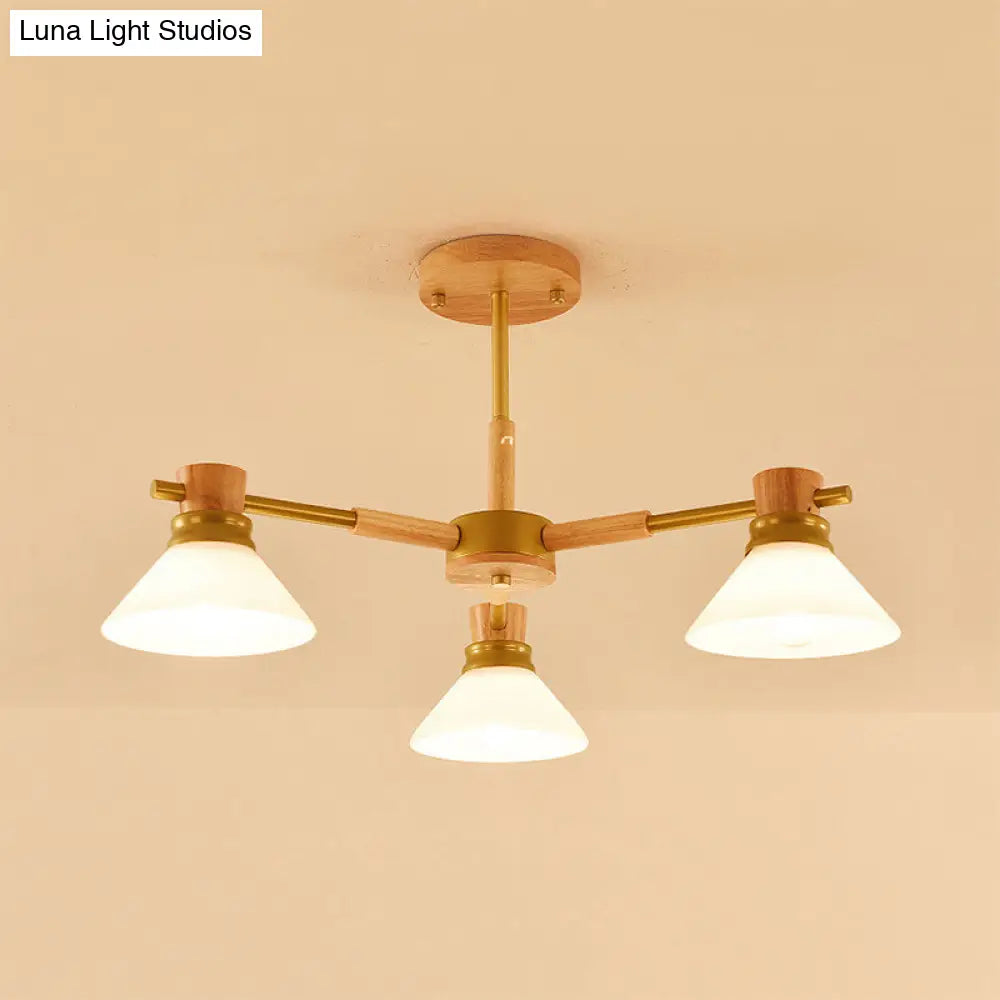 Modern Glass and Wood Hanging Pendant Chandelier - Black/Gold Branch Cone Shade for Sitting Room