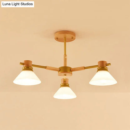 Modern Glass and Wood Hanging Pendant Chandelier - Black/Gold Branch Cone Shade for Sitting Room