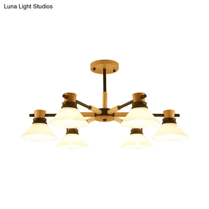 Modern Glass and Wood Hanging Pendant Chandelier - Black/Gold Branch Cone Shade for Sitting Room