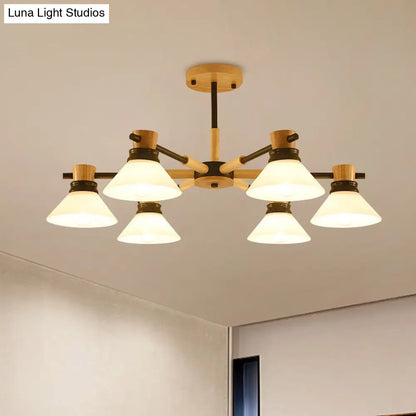 Modern Glass and Wood Hanging Pendant Chandelier - Black/Gold Branch Cone Shade for Sitting Room