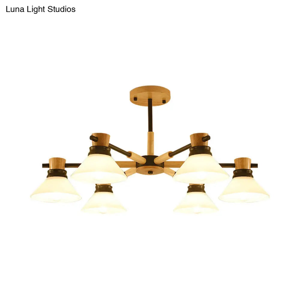 Modern Glass and Wood Hanging Pendant Chandelier - Black/Gold Branch Cone Shade for Sitting Room