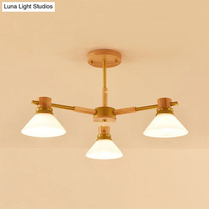 Modern Glass and Wood Hanging Pendant Chandelier - Black/Gold Branch Cone Shade for Sitting Room