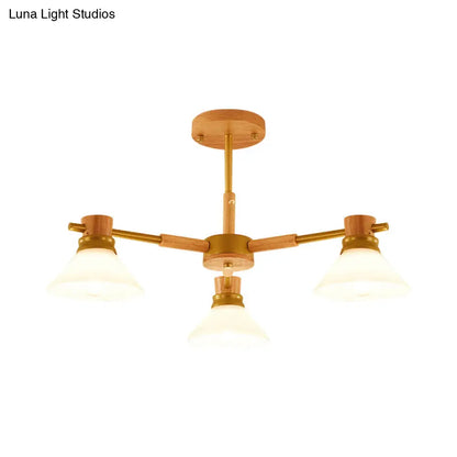 Modern Glass and Wood Hanging Pendant Chandelier - Black/Gold Branch Cone Shade for Sitting Room