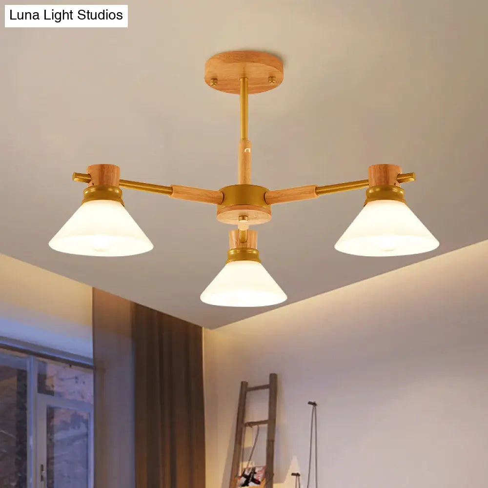 Modern Glass and Wood Hanging Pendant Chandelier - Black/Gold Branch Cone Shade for Sitting Room