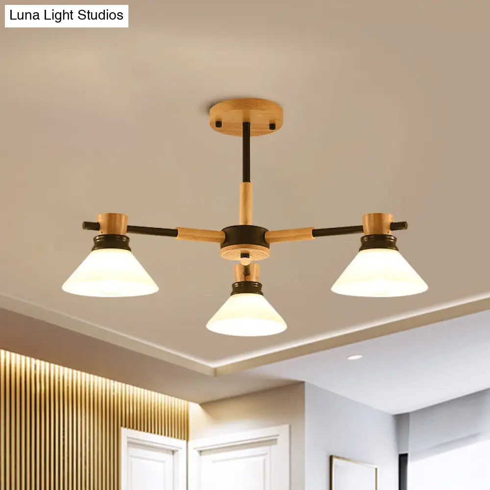 Modern Glass and Wood Hanging Pendant Chandelier - Black/Gold Branch Cone Shade for Sitting Room